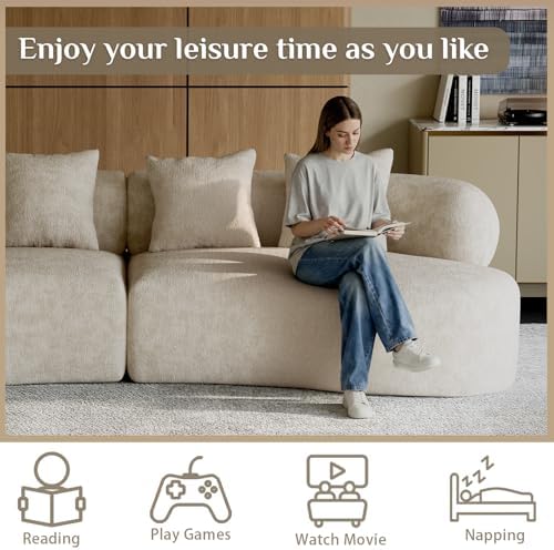 113" Curved Chenille Sectional, 4 Seater Cloud Couch, Light Brown - Image 7