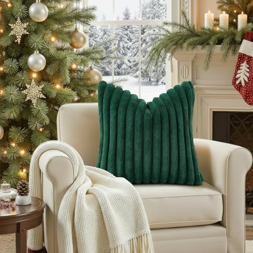 decorUhome Faux Fur Throw Pillow Covers 26X26 Set of 2 Christmas Green - Image 6