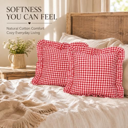 JoraLion Ruffled Throw Pillow Cover 24x24 Gingham Red - Image 2