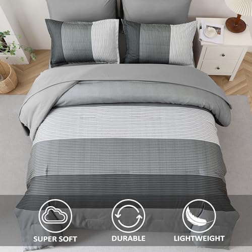 WONGS BEDDING Grey Comforter Set Queen, Reversible Grey Striped Patchwork Down - Image 3