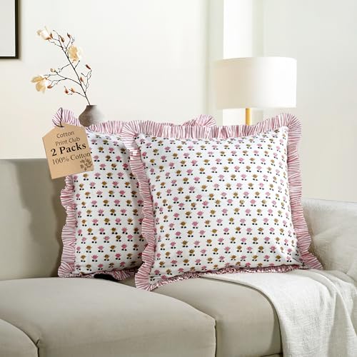 CPC Rosette Bloom Block Print Ruffle Pillow Cover 18x18 Inch - Image 2