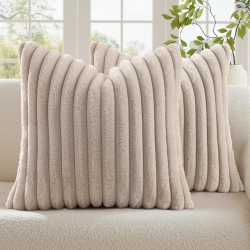 decorUhome Fall Faux Fur Throw Pillow Covers 22x22 Set of 2 Tan by decorUhome