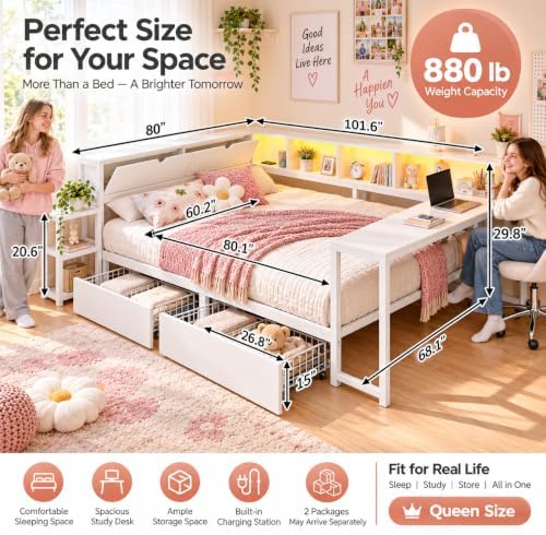 Queen Corner Bed with Desk and Storage, LED corner Bed Frame - Image 2