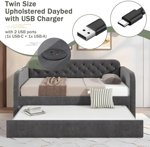 Twin Size Daybed with Trundle Bed, Upholstered Daybed - Image 3