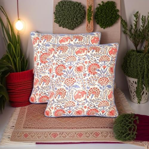 Ridhi Flamingo Pink Block Print Cotton Pillow Cover 24x24 Inch Set of 2 - Image 2