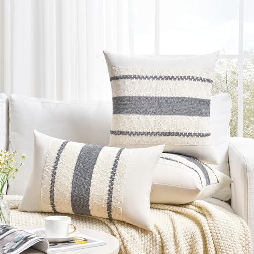 Fancy Homi Set of 1 Neutral Grey Farmhouse Decorative Throw Pillow Covers 22x22 - Image 6