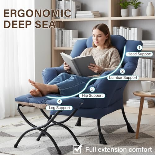 Welnow Lazy Chair with Ottoman, Reading Chair with Footrest, Royal Blue - Image 4