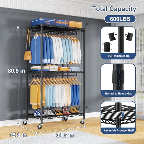 ULIFHOME P8 Heavy Duty Clothes Rack（With Extended Width Design） Rolling - Image 2