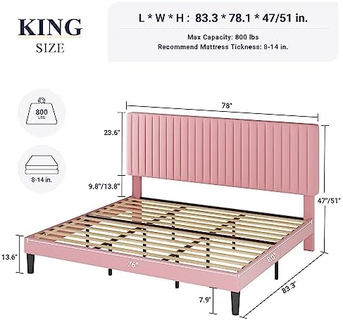 Allewie King Bed Frame, Velvet Upholstered Platform Bed - Image 2
