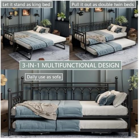 Twin Daybed with Trundle and Storage Bag, Metal Daybed with Pop Up Trundle - Image 5