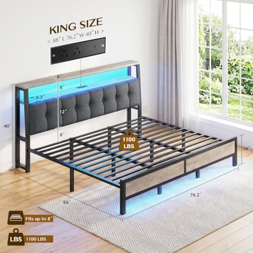 King Bed Frame with Upholstered Headboard & Charging Station - Image 2