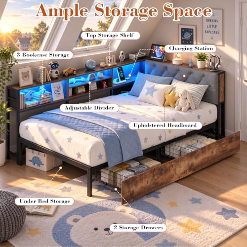 Twin Corner Bed Frame with Storage Drawers, Charging Station, LED Lights - Image 6