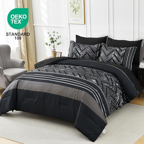 Luxudecor Black Comforter Set Queen Size, 7 Pieces Striped Bed in a Bag - Image 2