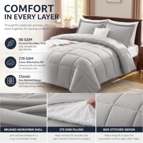 CozyLux Full Size Comforter Sets, 3-Piece Box-Stitched, French Grey - Image 3