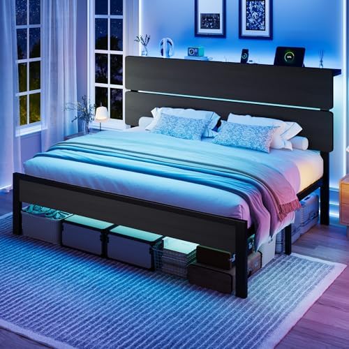 SHA CERLIN King Size Bed Frame, Led Light, Charging Station, Storage Shelf by SHACERLIN
