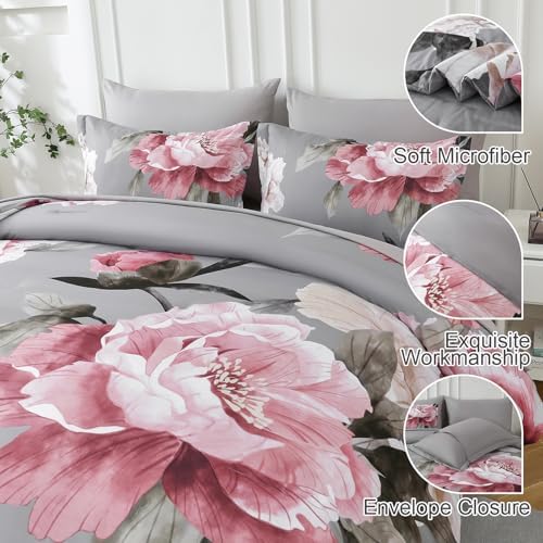Pink and Grey Comforter Set Full Size 7 Piece Bed in a Bag, Floral Printed on - Image 4