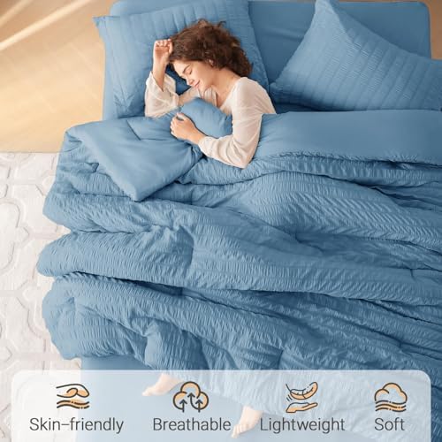 MUXHOMO King Comforter Set 7 Pieces, Seersucker Bed in a Bag, Mineral Blue - Image 2