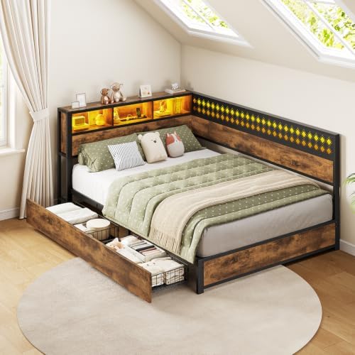 Full Corner Bed Frame with Storage Drawers, Charging Station - Image 2