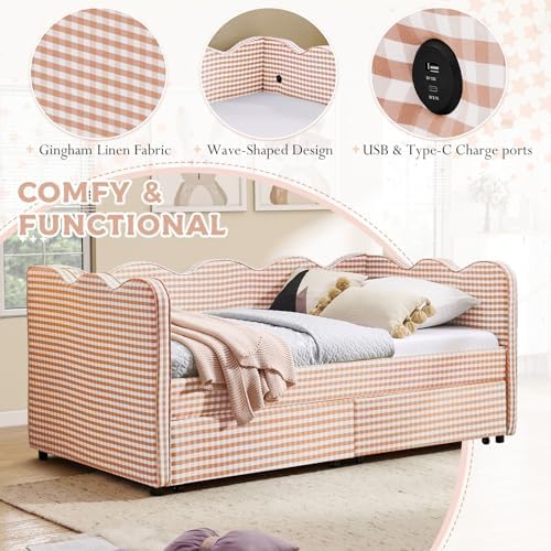 Twin Size Daybed with Storage Drawers, Linen Gingham Daybed with USB Ports & - Image 4