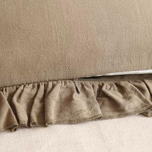 Foindtower Linen Fringe Ruffle Throw Pillow Covers 18×18 Inch Light Brown - Image 3