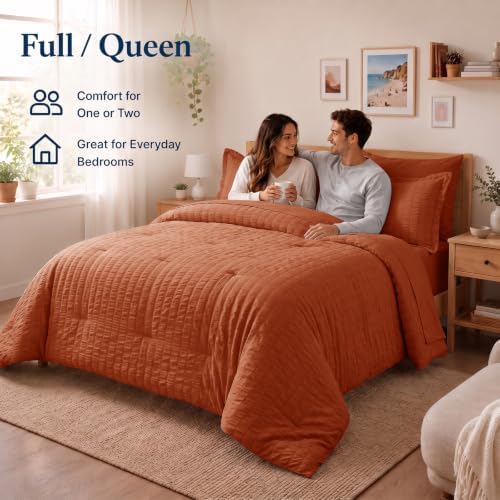 CozyLux Queen Comforter Set, 7 Pieces Burnt Orange Seersucker Bed in a Bag - Image 6