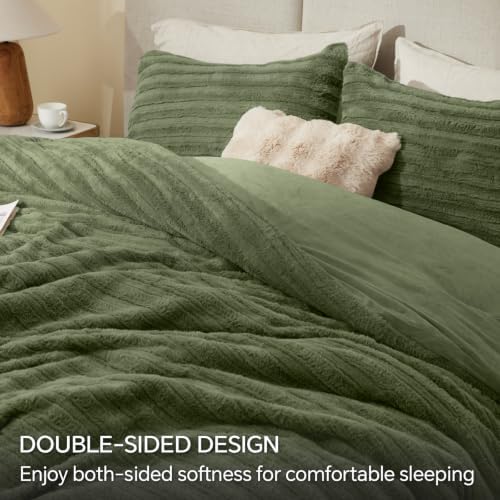 BEDELITE Faux Fur Queen Comforter Set, Fluffy Bed Set, Olive Green - Image 4