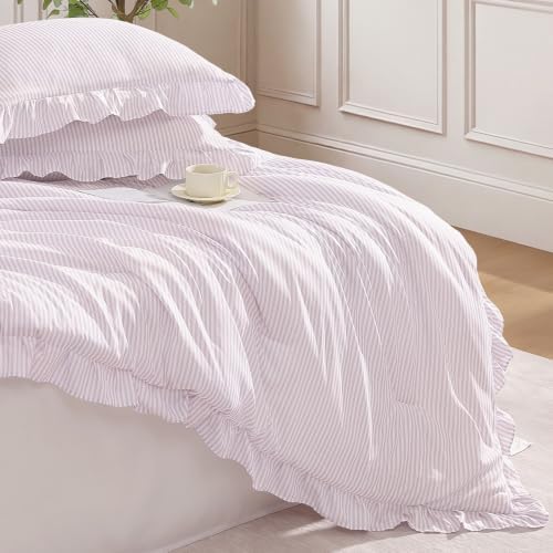 Andency Grey Pink Striped King Ruffle Comforter Set, 3 Pieces - Image 5