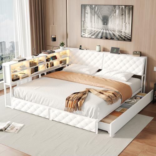 SOFTSEA King Size Corner Bed Frame, PU Upholstered L-Shaped Metal Daybed by SOFTSEA
