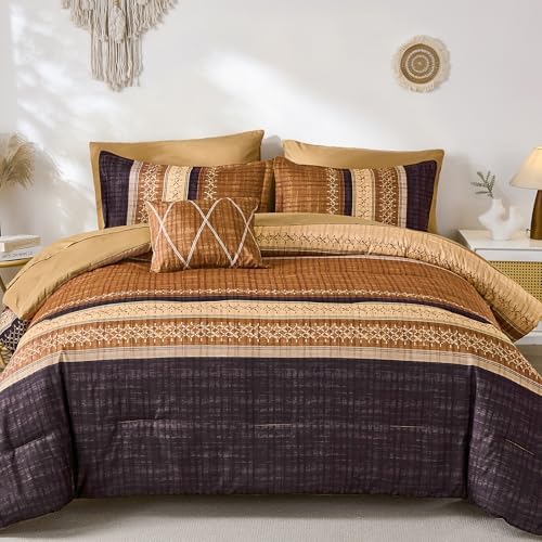 Dintszyayue Boho King Comforter Size Set, 8 Pieces Striped Texture Gold Purple - Image 2