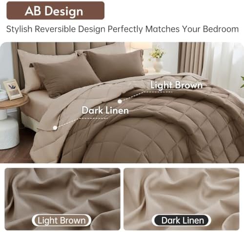 Twin Comforter Set 5-Piece, Reversible Bed in a Bag, Light Brown/Dark Linen - Image 3