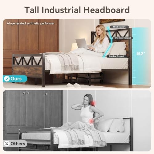 Full Size Bed Frame with 51.2-Inch Headboard, Rustic Brown - Image 3
