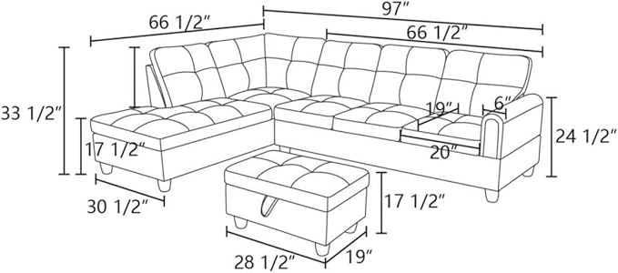 Black White L-Shaped 3-Piece Faux Leather Sofa with Storage Ottoman Set, Sectional Couch Sofa Set for Living Room, Office, Small Space