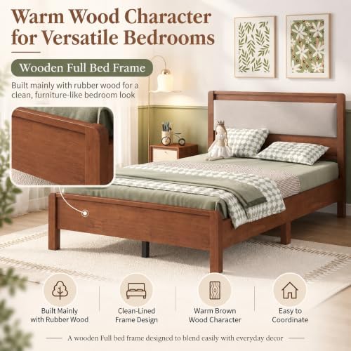 Full Bed Frame with Upholstered Headboard, Wooden Platform Bed - Image 4
