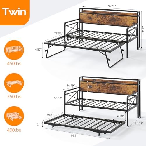 VINGLI Twin Daybed with Pop Up Trundle, USB Charging Port, Industrial Brown - Image 2