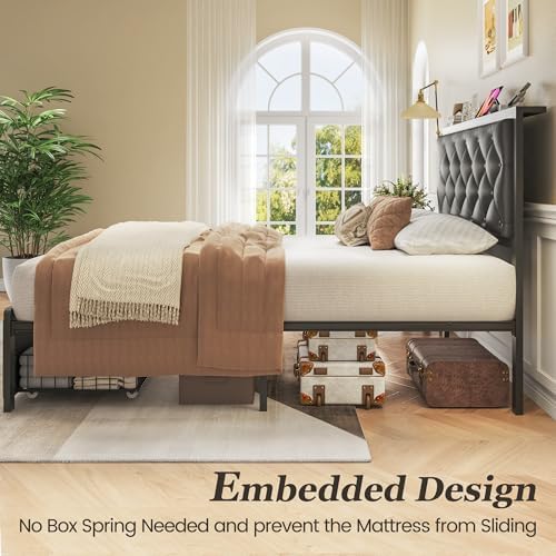 Twin Bed Frame with Storage Drawer, Upholstered Headboard Button Tufted Bed - Image 6