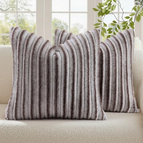 decorUhome Fall Faux Fur Throw Pillow Covers 16x16 Set of 2 Brown White by decorUhome