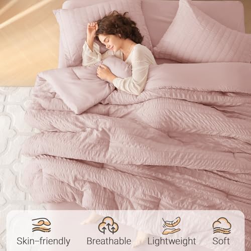 California King Comforter Set 7 Pieces, Seersucker Bed in a Bag, Rose Gold - Image 2