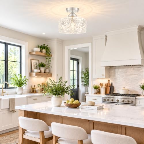Brushed Nickel Semi Flush Mount Ceiling Light, Antique Ceiling Light - Image 4