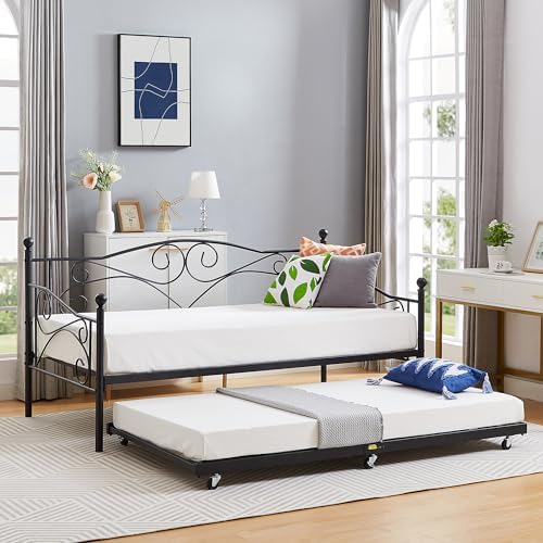 VECELO Metal Daybed Frame with Trundle Twin Size Sofa Bed Mattress Foundation - Image 4