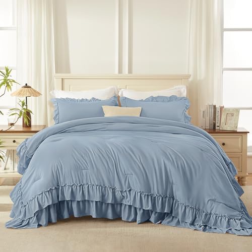 Andency Grayish Blue Ruffle Full Size Comforter Set, 3 Pieces - Image 4