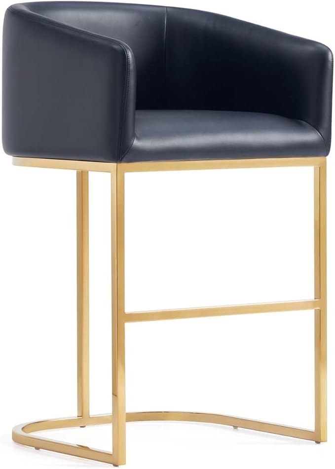 Manhattan Comfort Louvre 26 Inch Mid Century Modern Counter Height Bar Stools - Elegant Faux Leather Padded Seat, Stainless Steel Base with Footrest, Fully Assembled Barstools, Set of 2, Black & Gold