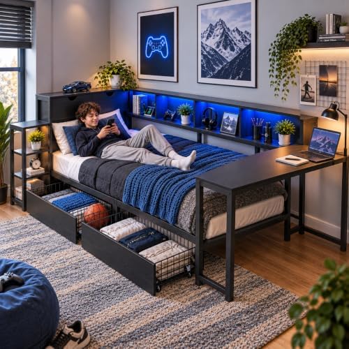 Twin Corner Bed with Desk and Storage, LED Corner Bed Frame Twin by MoproBeti