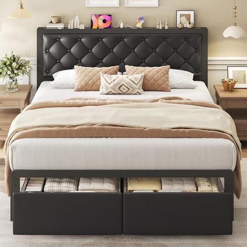 Queen Bed Frame with 2 Storage Drawers, Upholstered Headboard Button Tufted Bed - Image 3