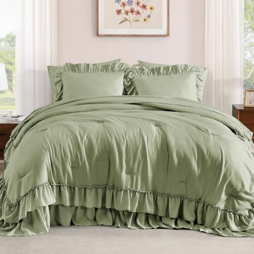Queen Comforter Set Light Green Ruffle 7 Pieces Farmhouse Bed in a Bag - Image 2