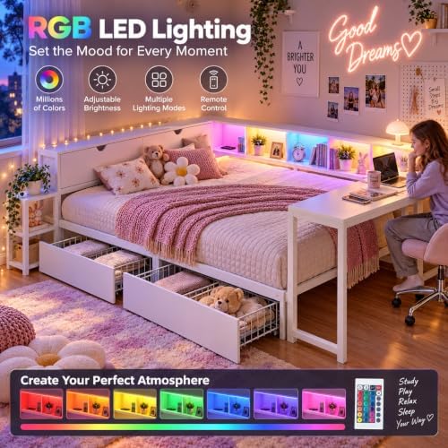 Queen Corner Bed with Desk and Storage, LED corner Bed Frame - Image 4