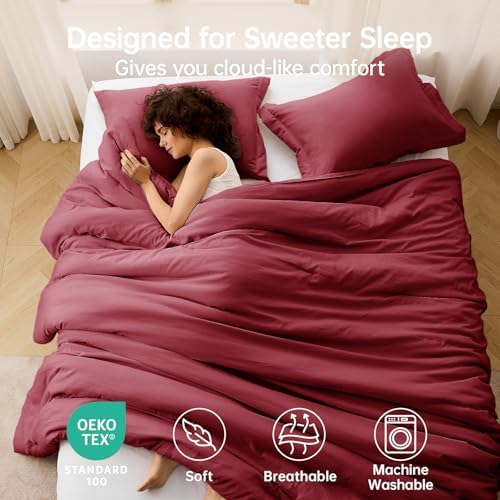 MUXHOMO Full Comforter Set, 3-Piece All-Season Bedding, Burgundy Red - Image 2