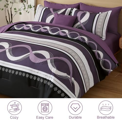 Anibedding Purple Comforter Set Queen Size, Patchwork Striped Bed Set - Image 2