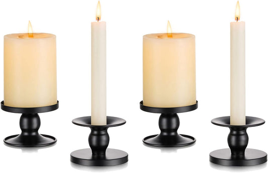 Romadedi Candle Holders for Pillar Candles, Black Pillar & Taper Candle Holder, Small Metal Candle Stick Candle Holder for Wedding, Dining Room Table Centerpiece, Holiday Decor, 4 Pcs