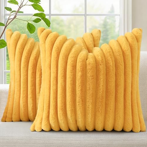 decorUhome Fall Faux Fur Throw Pillow Covers 18x18 Set of 2 Mustard Yellow by decorUhome