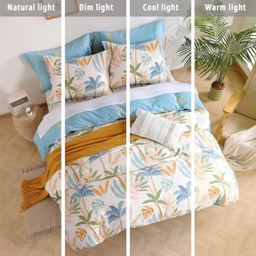 Beige & Coastal Blue Tropical Botanical Cotton Comforter King 3PC - Image 6